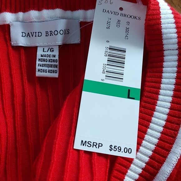 David Brooks red and white ribbed short sleeve sweater holiday nautical Sz L NWT - Picture 3 of 3